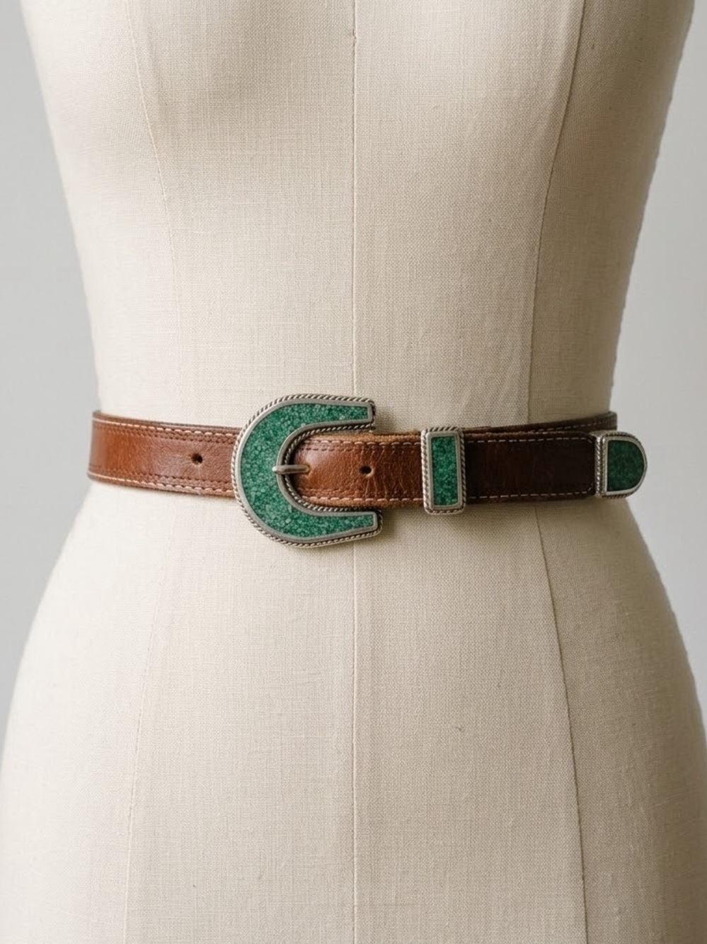 Vintage Western Brown Leather Belt with Silver Turquoise Hardware Size Medium